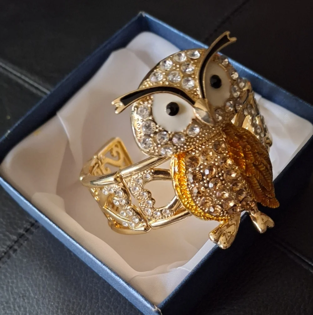 Gold and Diamond Owl Brooch and Bracelet Set